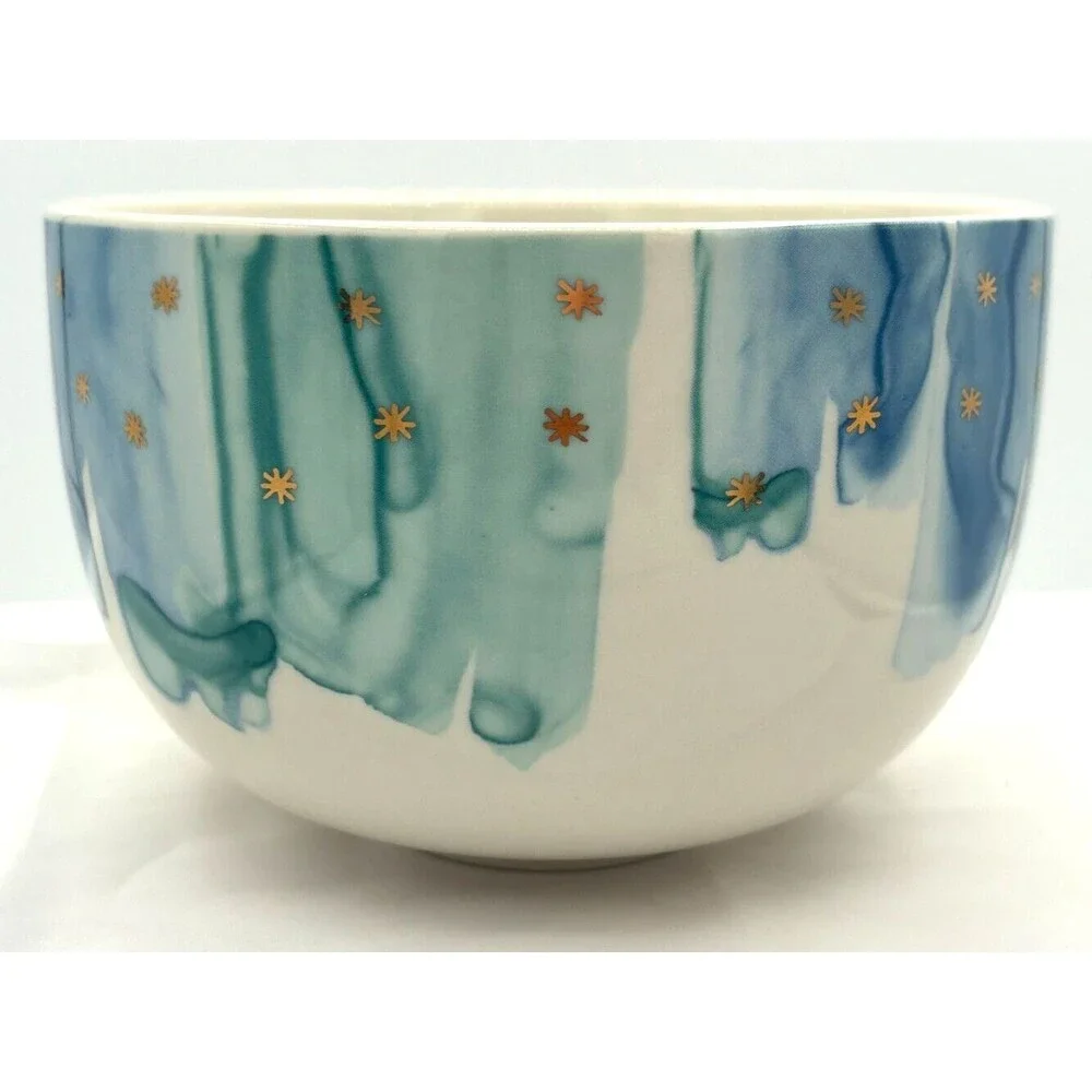 Anthropologie‎ Night Sky Bowl Stoneware Blue Teal Drip Watercolor Wash Gold Star